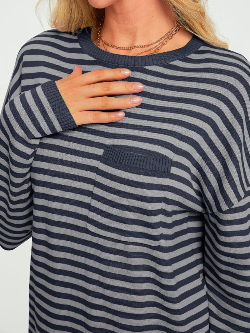Womens Grey Striped Ribbed Cuff Oversized Crew Neck Long Sleeve Pullover Sweater - Picture 6 of 6